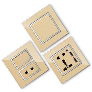 Import BS standard Azerbaijan Acrylic golden copper 16A 2P+E socket outlet and square light switch 220V-250V~ from chinese wholesale supplier and manufacturer