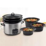 Import Mechanical control Stainless steel Oval Slow Cooker CROCK POT with 3 Ceramic Pot 5.6L from chinese wholesale supplier and manufacturer