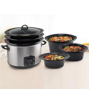 Import Mechanical control Stainless steel Oval Slow Cooker CROCK POT with 3 Ceramic Pot 5.6L from chinese wholesale supplier and manufacturer