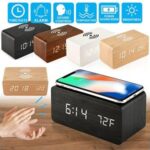 Import wooden Digital 3 Alarms Voice Control Desktop LED Clock Wireless Charger temperature from chinese wholesale supplier and manufacturer