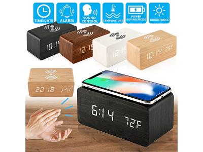 Import wooden Digital 3 Alarms Voice Control Desktop LED Clock Wireless Charger temperature from chinese wholesale supplier and manufacturer