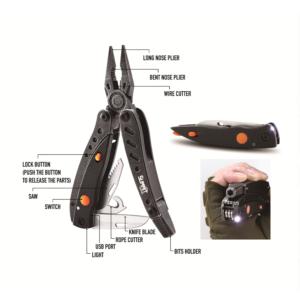Import Stainless steel multi-tool with chargeable LED light from chinese wholesale supplier and manufacturer